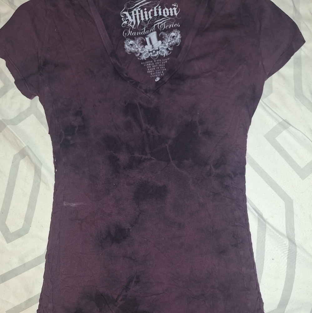 Affliction Pirple and Black Tye Dye V Neck Short Sleeve Top